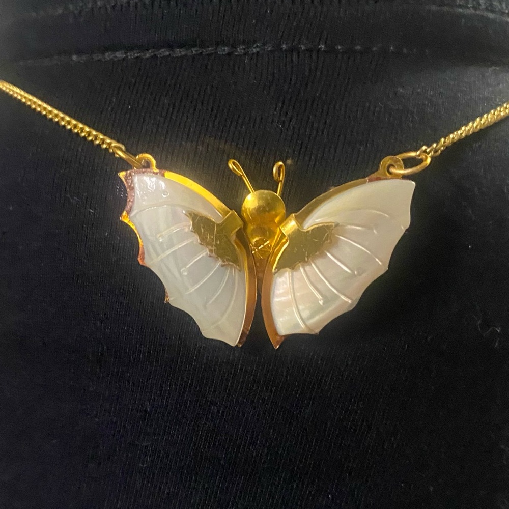 1970s Vintage Carved Shell Butterfly Pendant with Gold Tone Chain